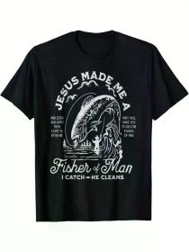 Jesus Made Me A Fisherman" Men's T-Shirt - 100% Cotton, Short Sleeve, Crew Neck with Geometric Print | Perfect for Everyday & Casual Wear (Color: Black, size: XXXL)